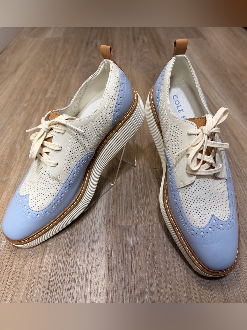 Cole Haan Wingtip Grand Platform Oxford Shoes Women Sz 8 Blue Leather Wedge New